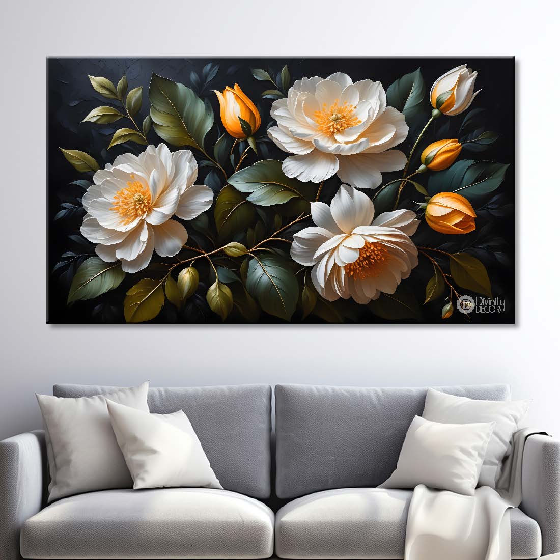 White flowers in black background canvas painting- Flower-468
