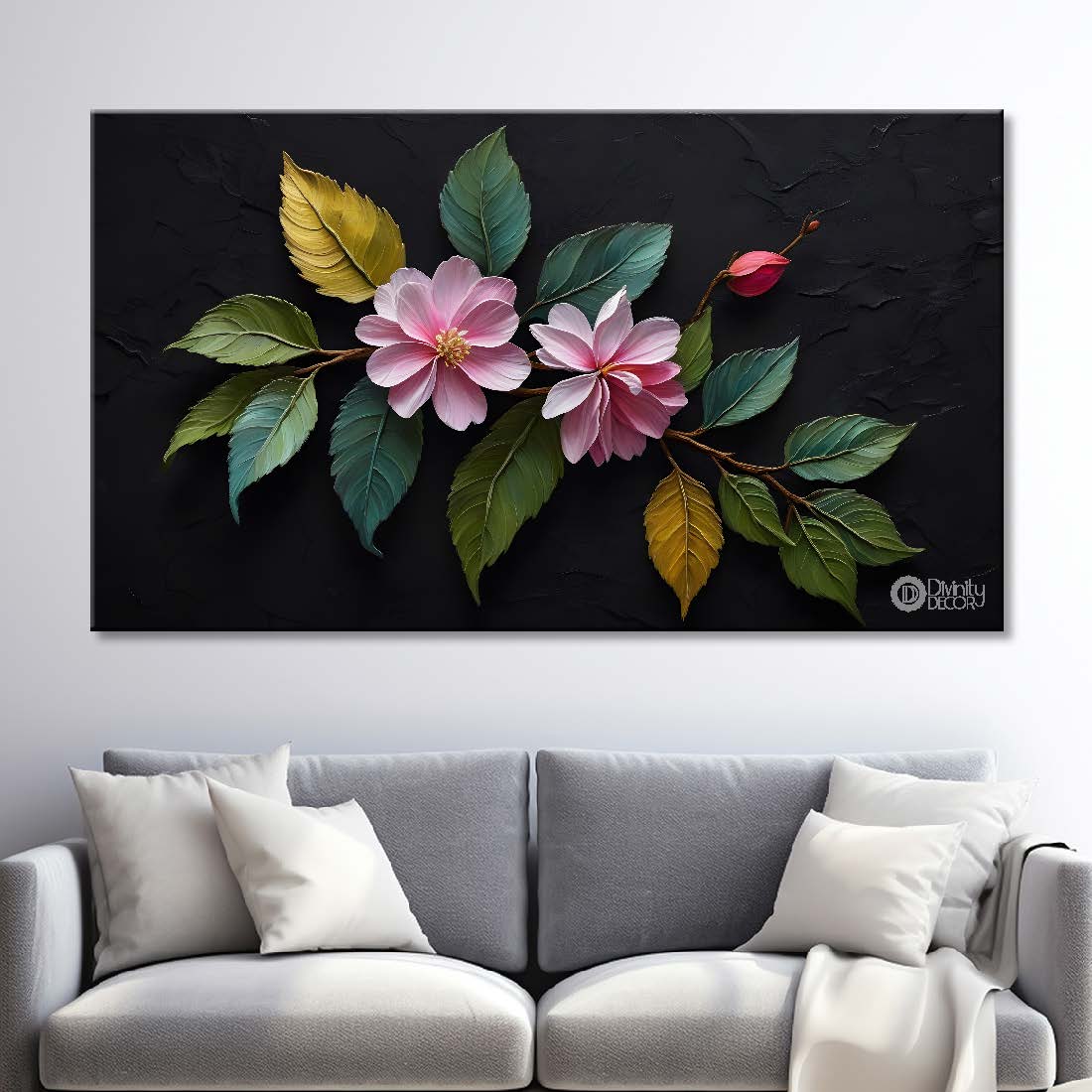 Pink flowers in black background canvas painting- Flower-469