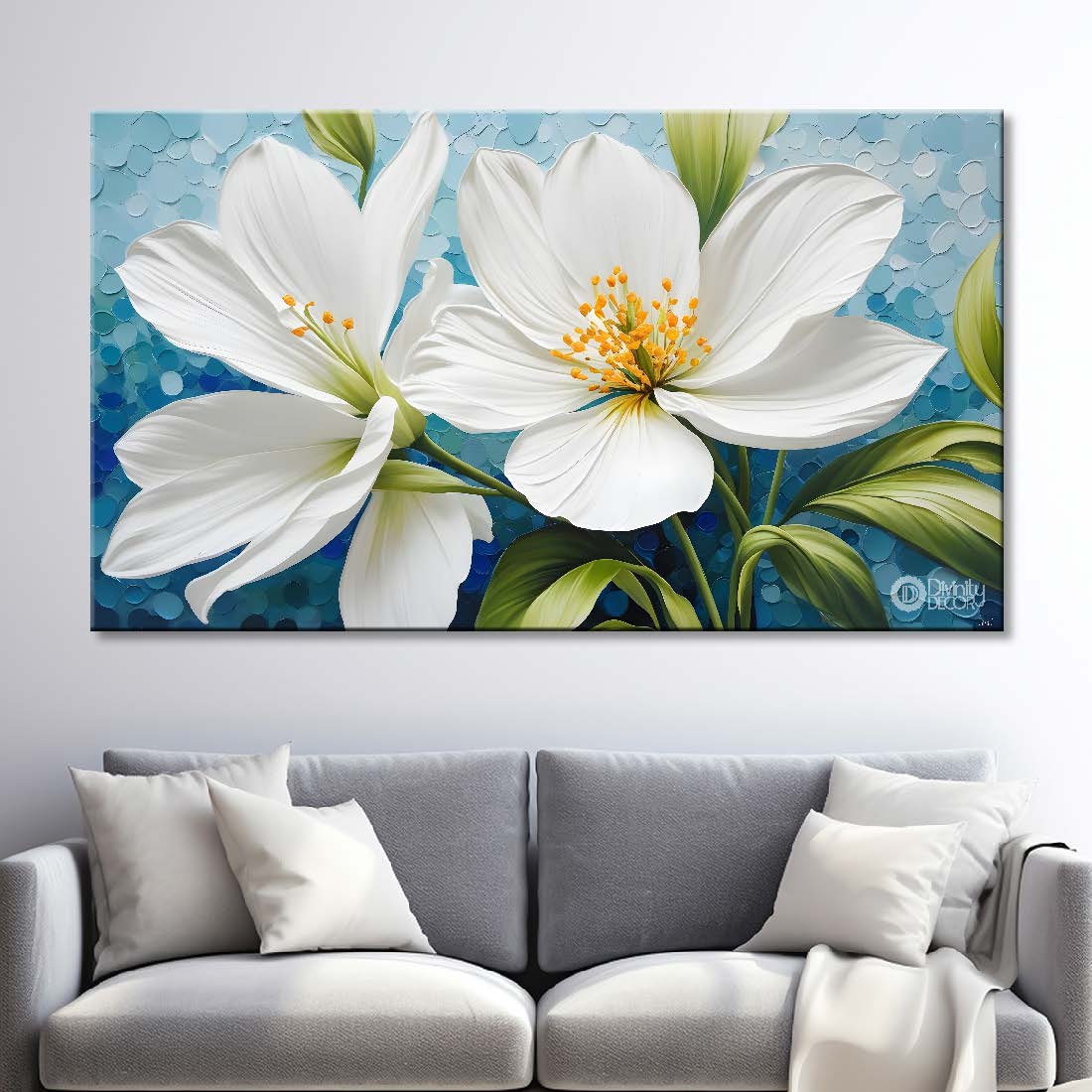 White flowers in blue background canvas painting- Flower-470