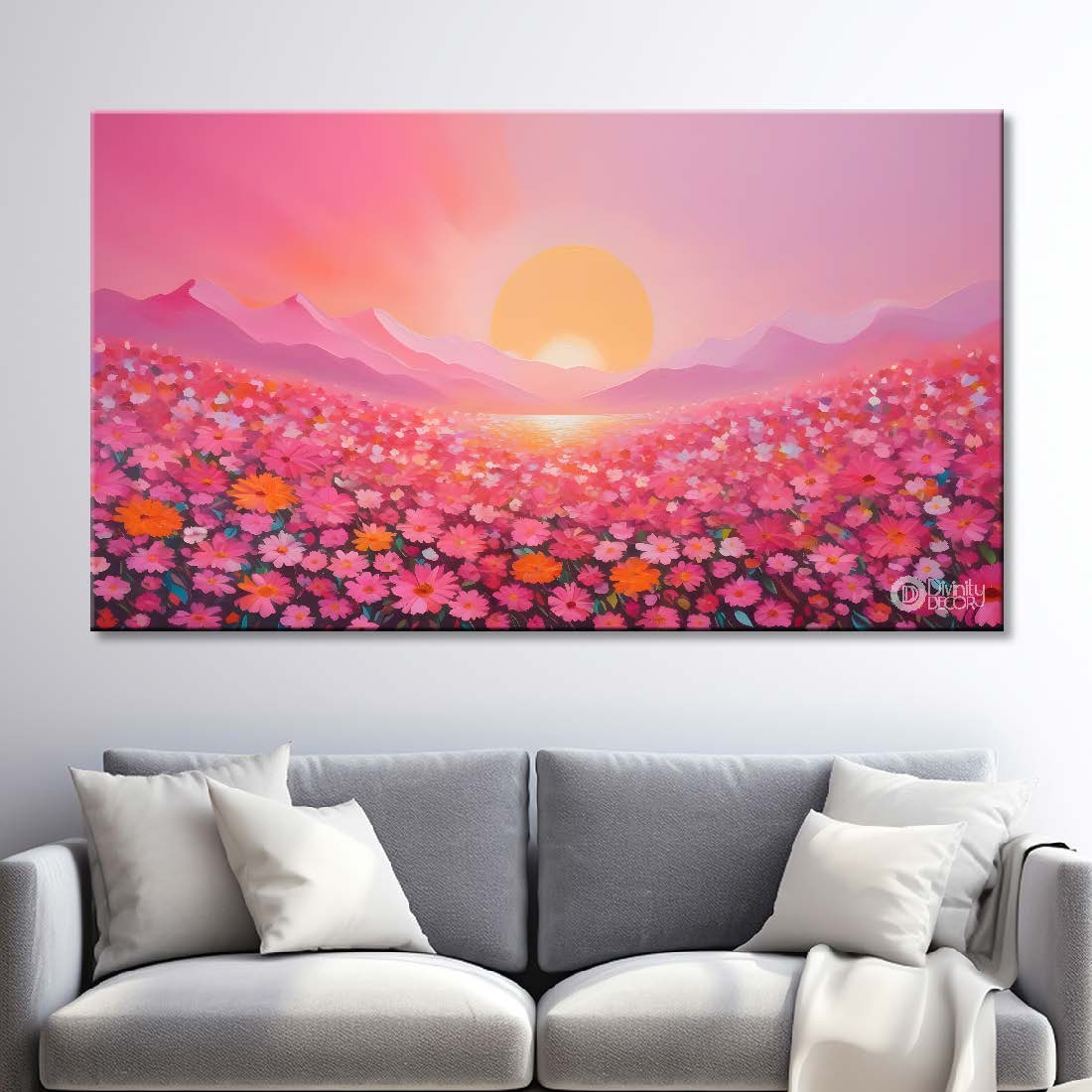 Pink flowers land with sunrise and pink background canvas painting- Flower-471