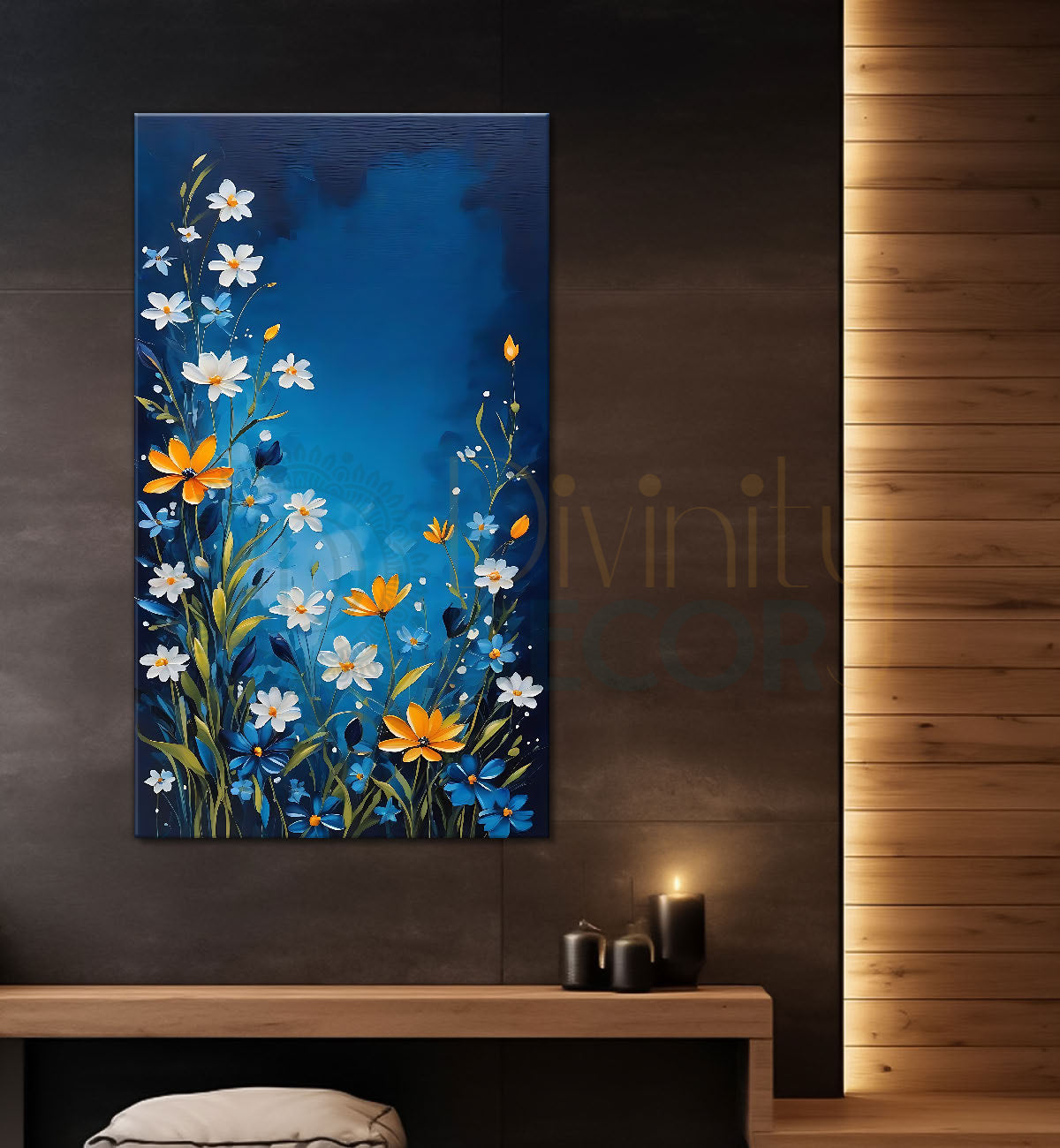 White flowers in blue textured painting- Flower-V-471