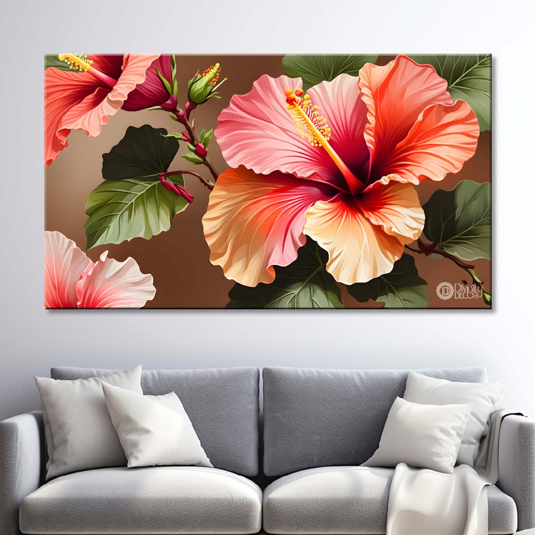 Hibiscus flower in brown background canvas painting- Flower-472