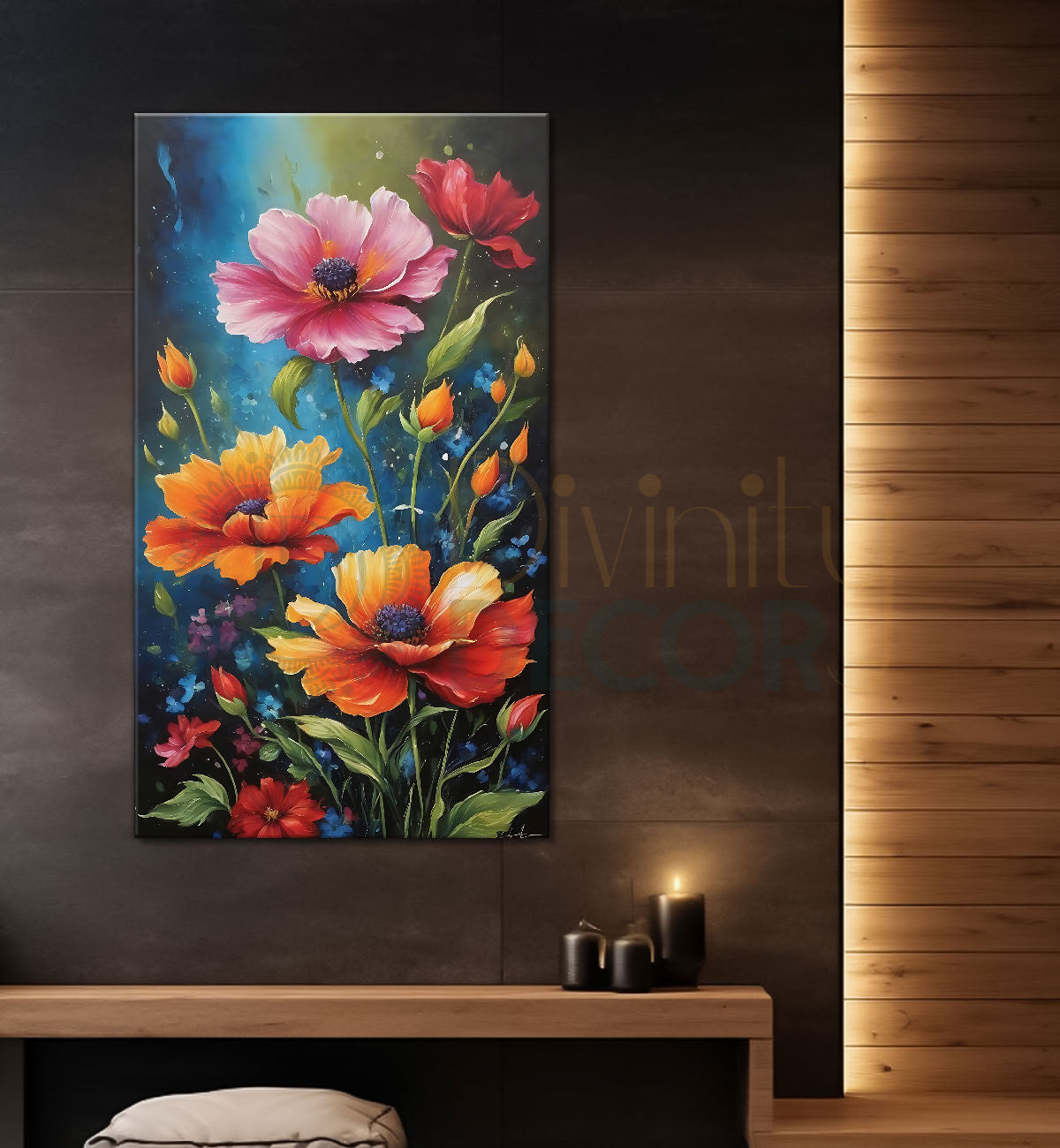 Orange and pink flowers in blue textured background painting- Flower-V-472