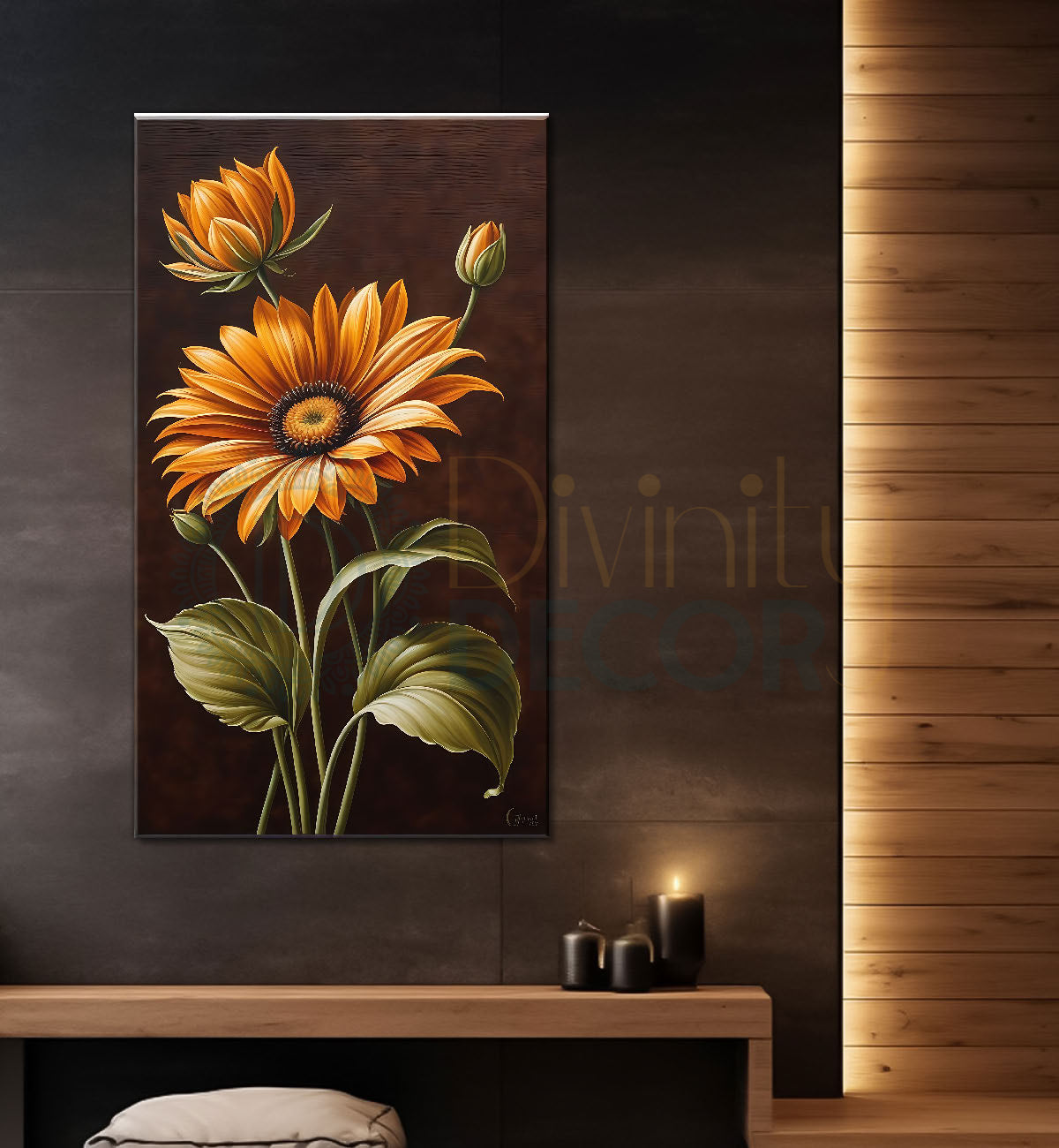 Yellow flowers in brown textured painting- Flower-V-473