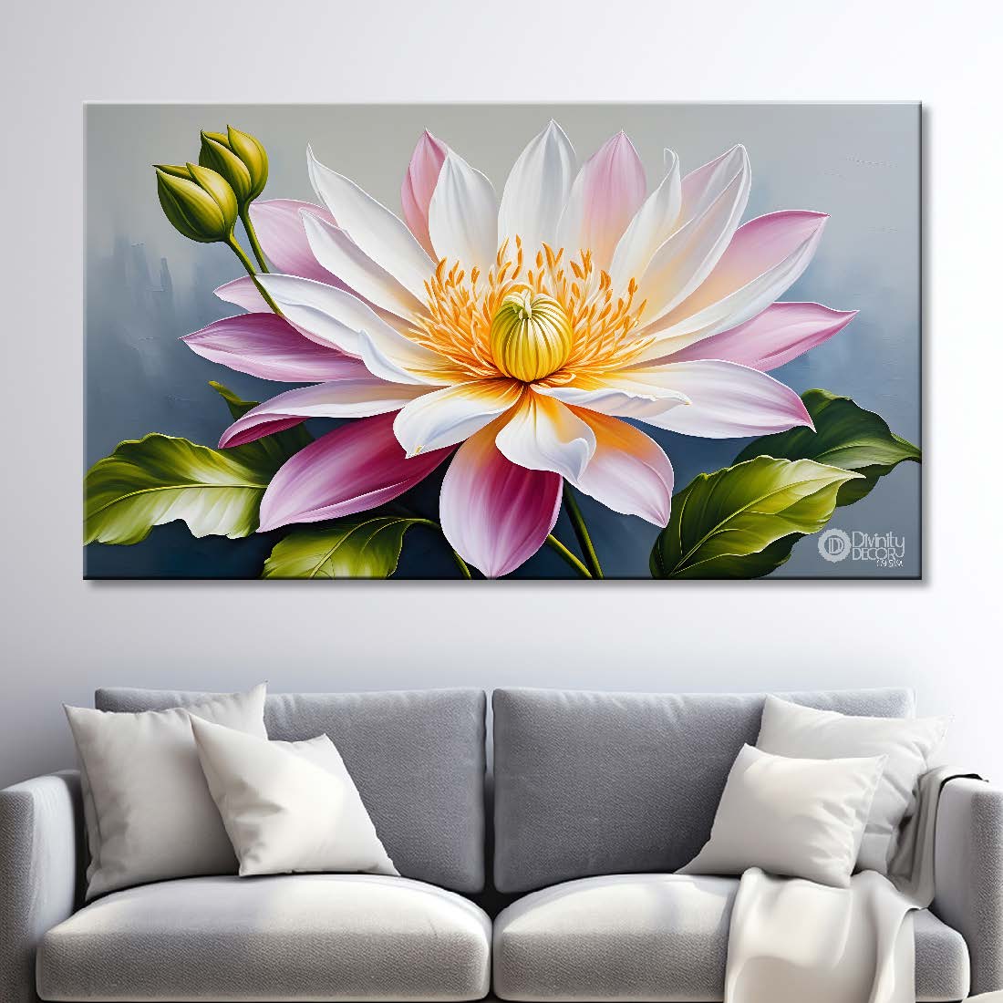 White flowers in grey background canvas painting- Flower-474