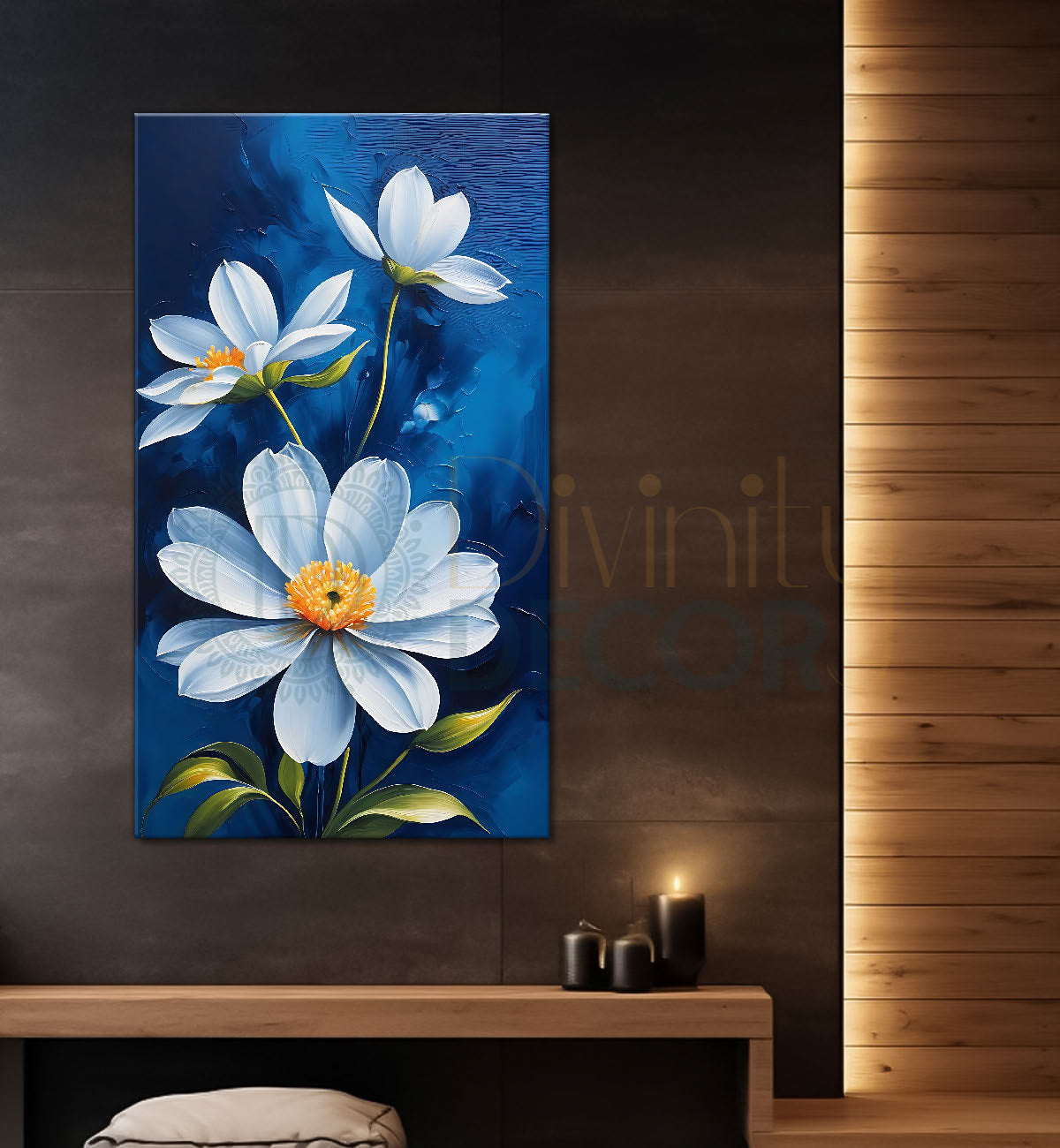 White flowers in navy blue background painting- Flower-V-474