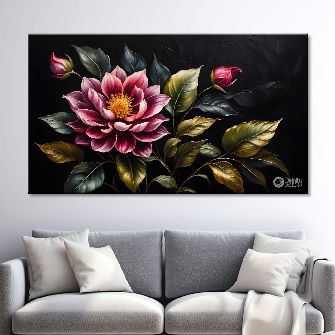Pink flowers in black background canvas painting- Flower-475