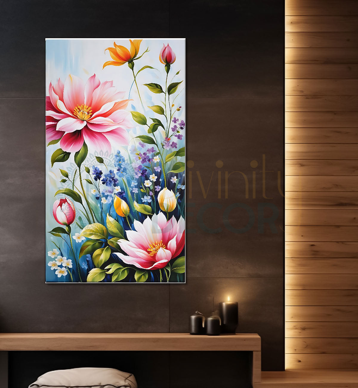 Pink flowers in sky blue textured background painting- Flower-V-475