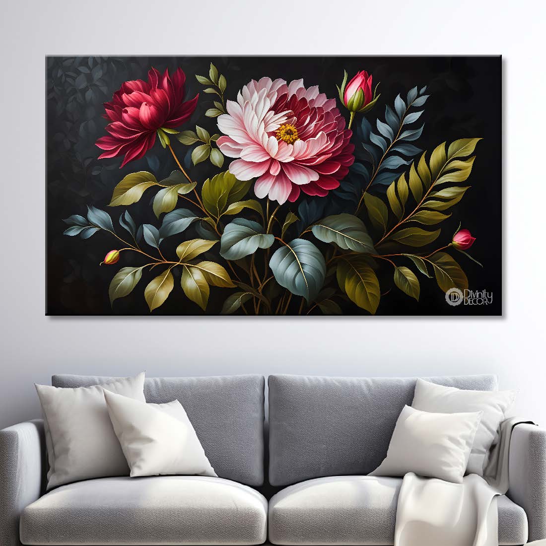 Pink flowers in black background canvas painting- Flower-476