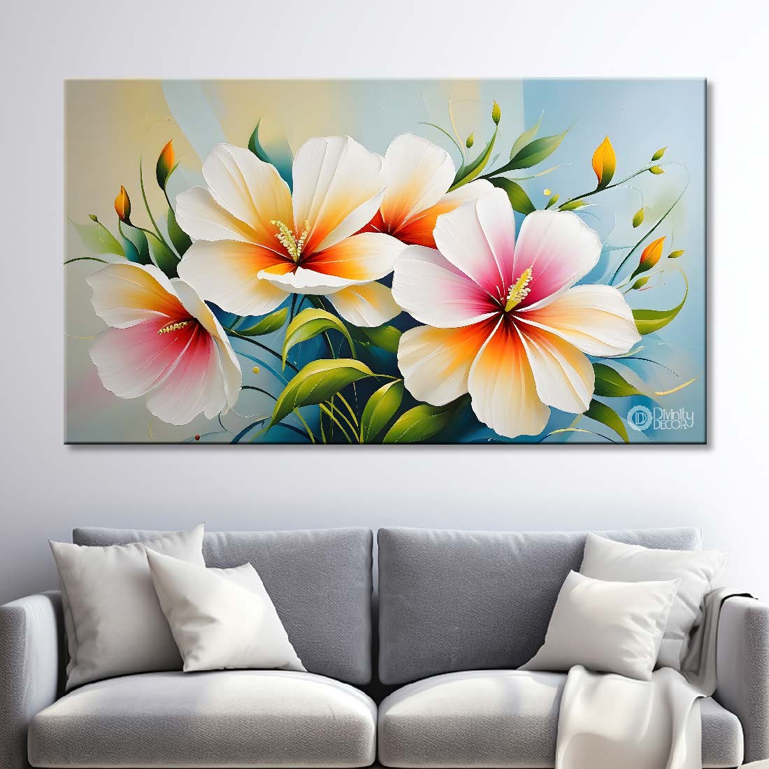 White flowers in blue background canvas painting- Flower-477