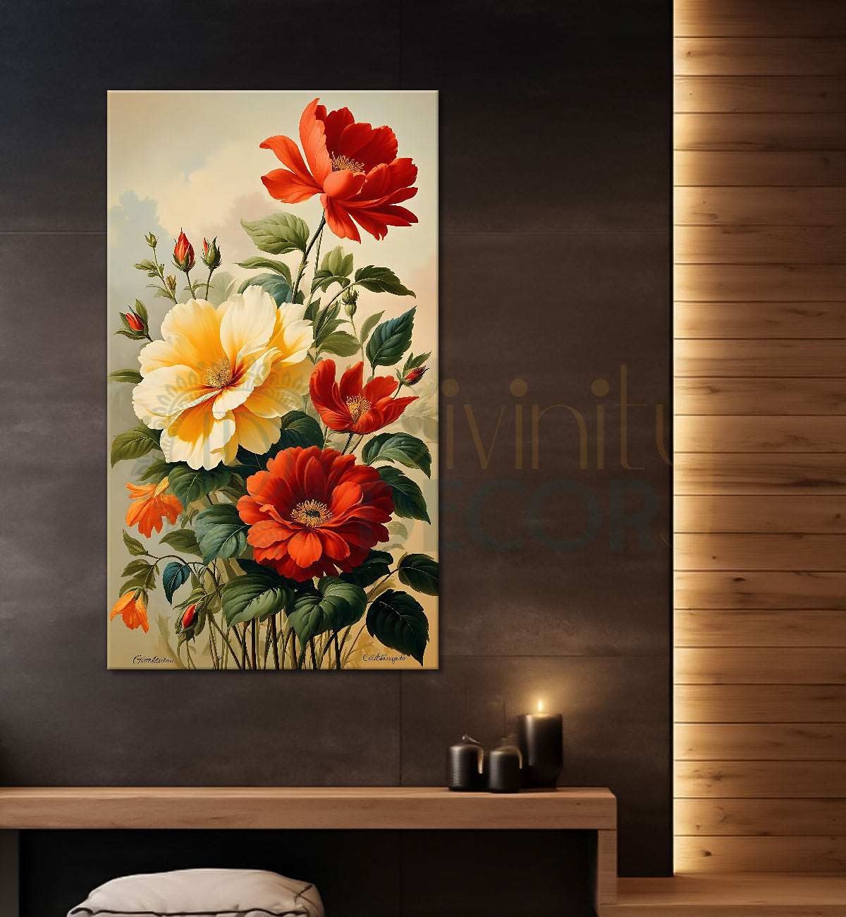 Yellow and red flowers in light textured painting- Flower-V-477