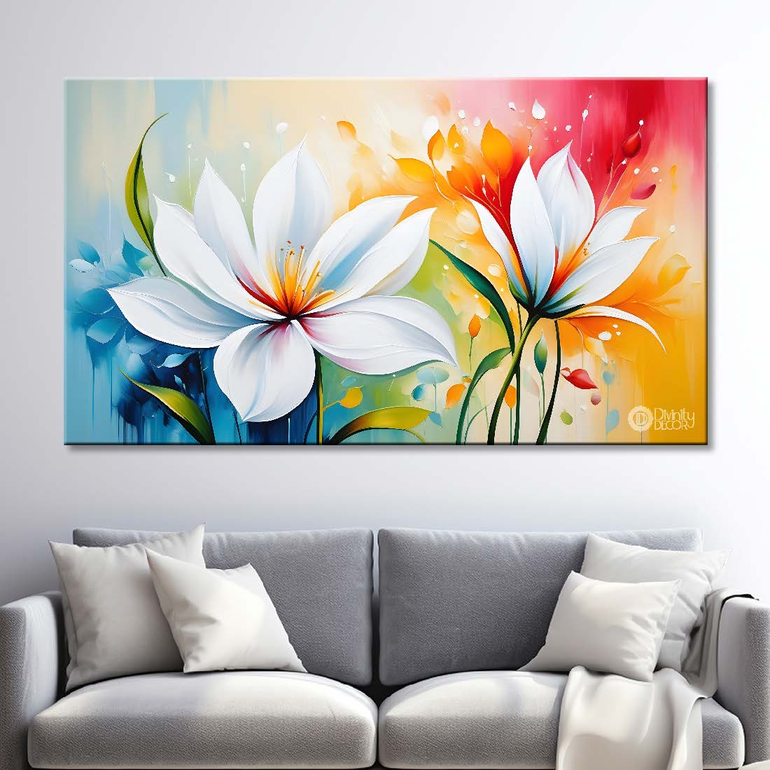White flowers in colorful background canvas painting- Flower-478