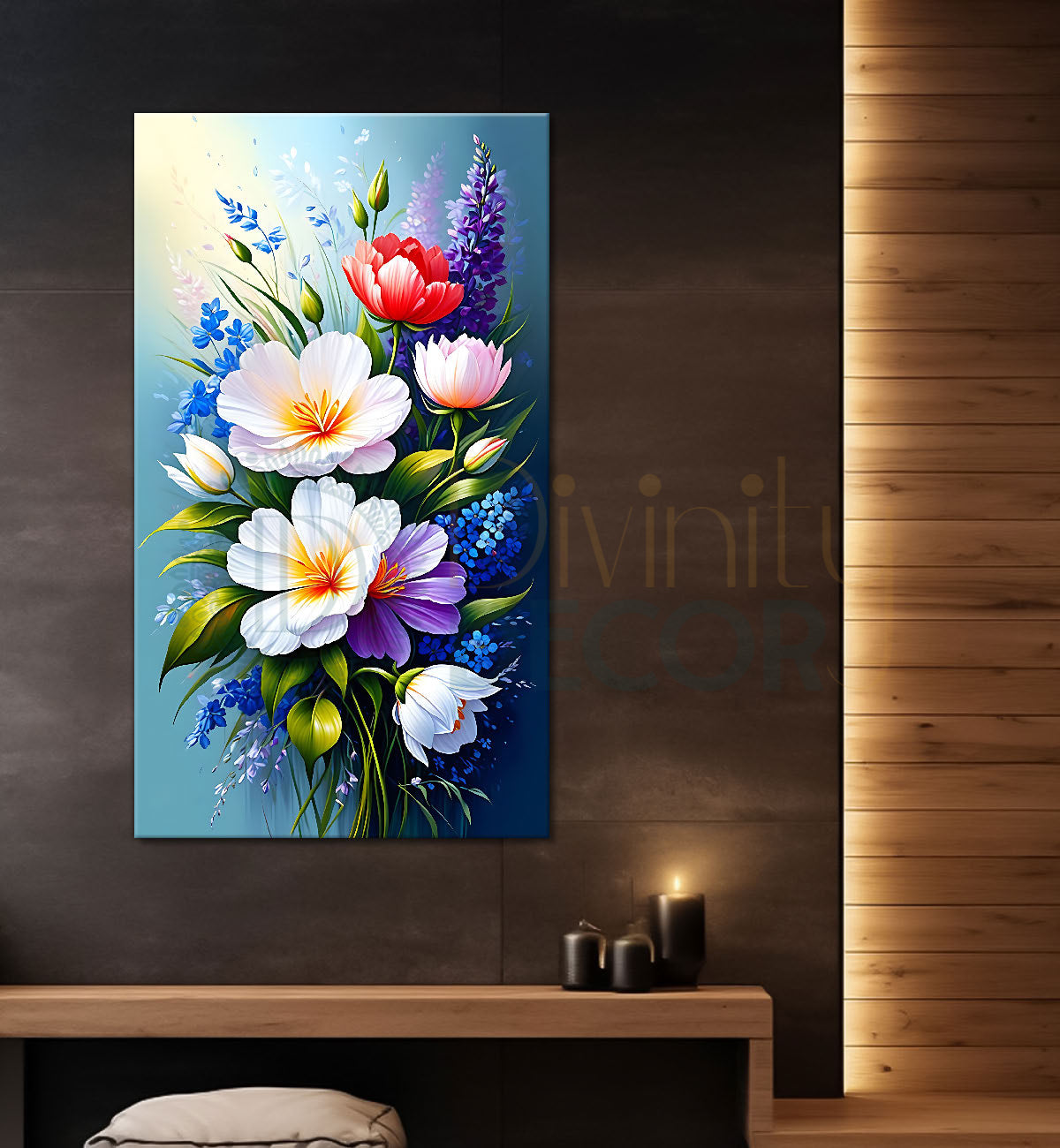 Colourful flowers in sky blue textured painting- Flower-V-479