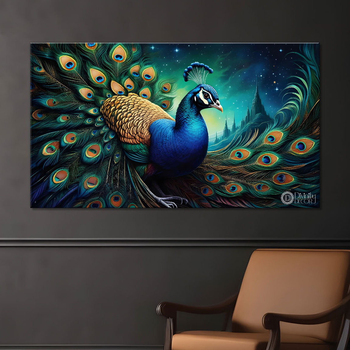 Peacock in bright green colors oil painting Canvas Painting - Design - Peacock-48