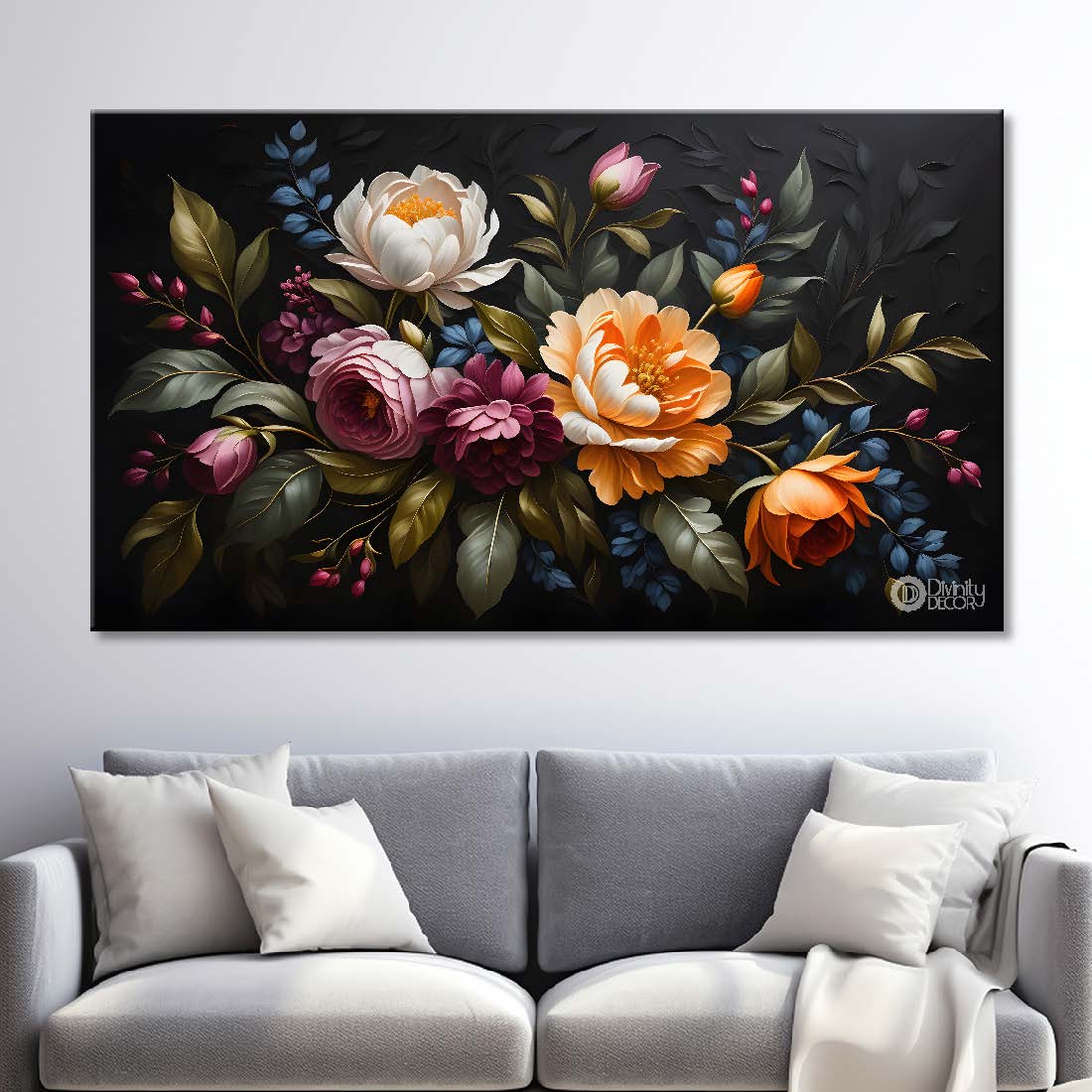 Carnation flowers in black background canvas painting- Flower-480