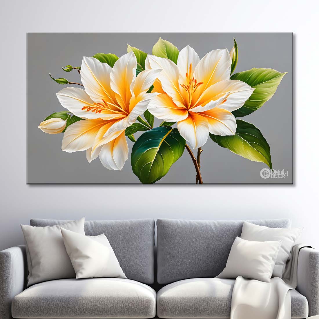 White lily flowers in grey background canvas painting- Flower-481