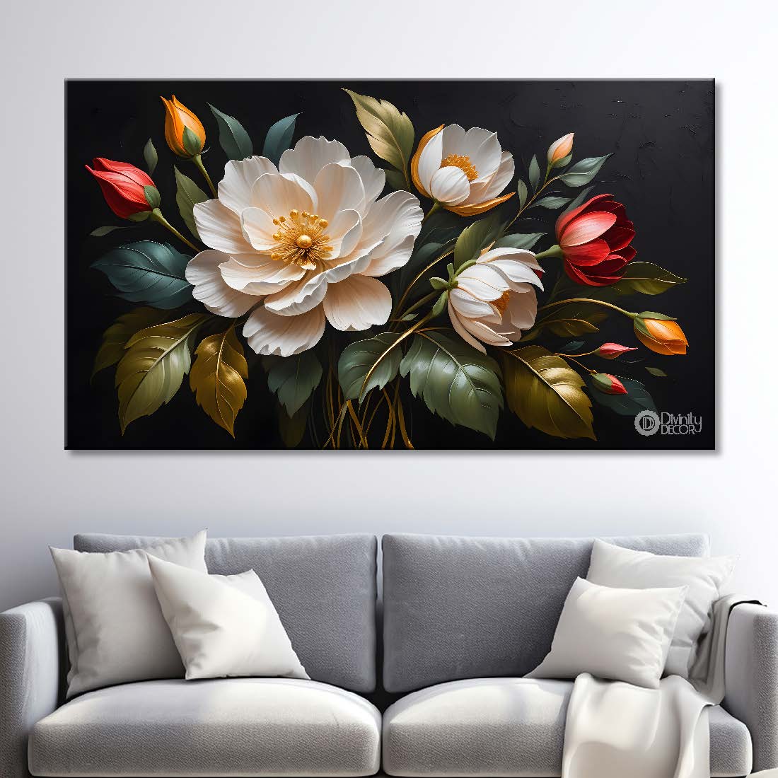 White flowers in black background canvas painting- Flower-482