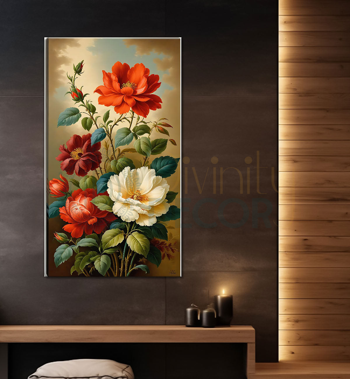 White and red flowers in light brown textured painting- Flower-V-482