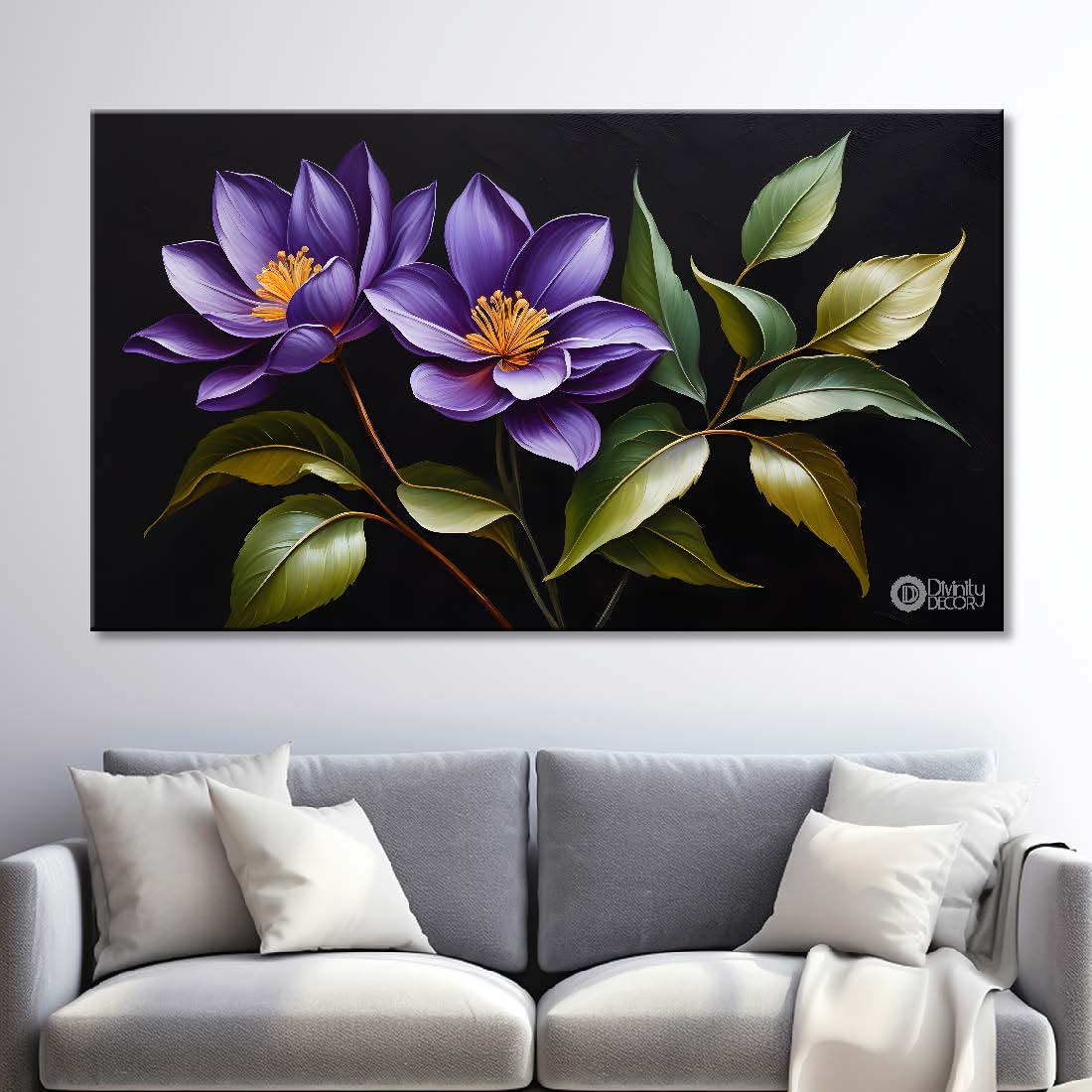 Purple flowers in black background canvas painting- Flower-483