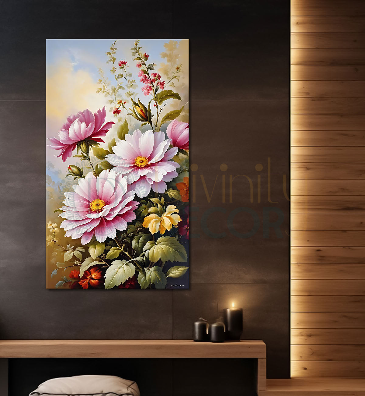 Pink flowers in grey textured painting- Flower-V-483
