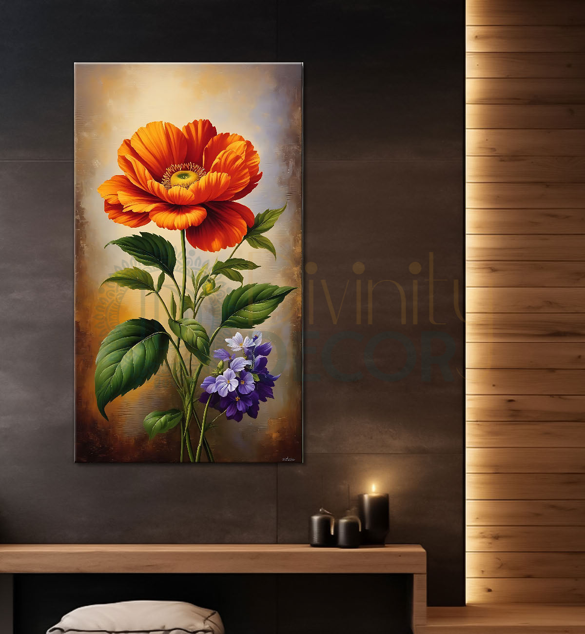 Orange flower in light brown textured art - Flower-V-484