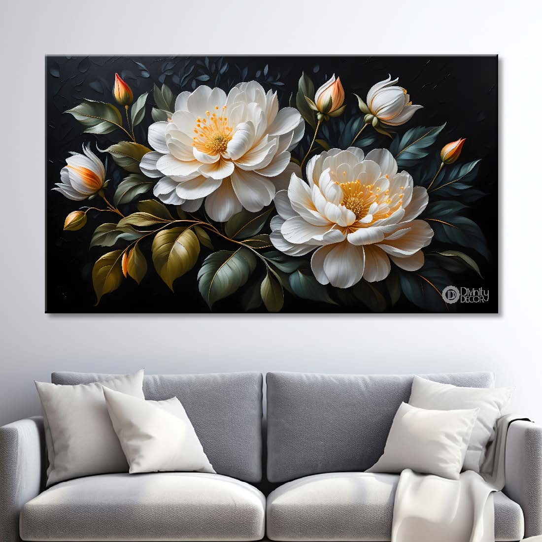 White flowers in black background canvas painting- Flower-485