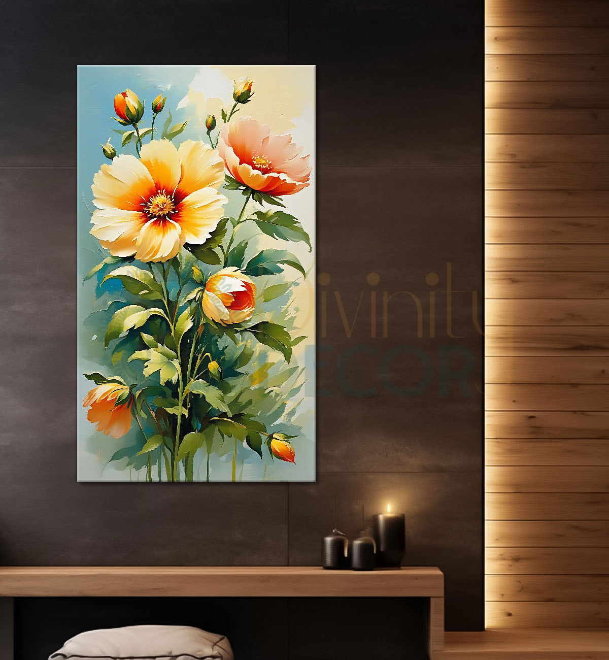 Yellow flowers in green textured background painting - Flower-V-485