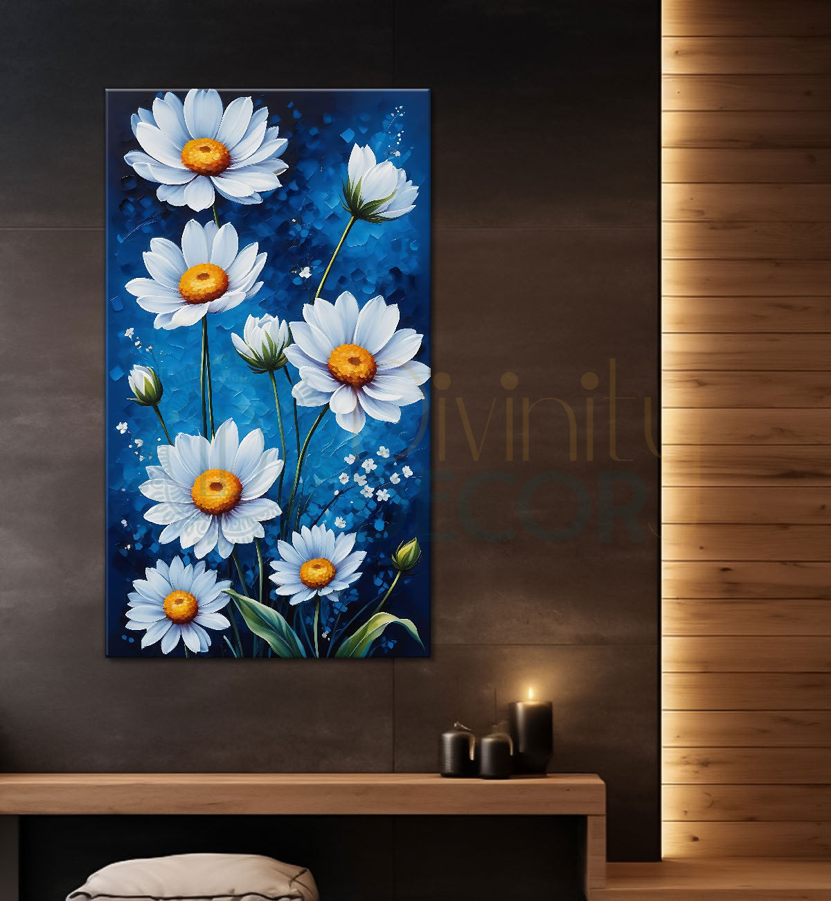 White flowers in navy blue background painting - Flower-V-486