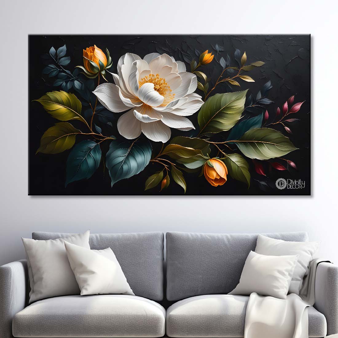 White flowers in black background canvas painting- Flower-487