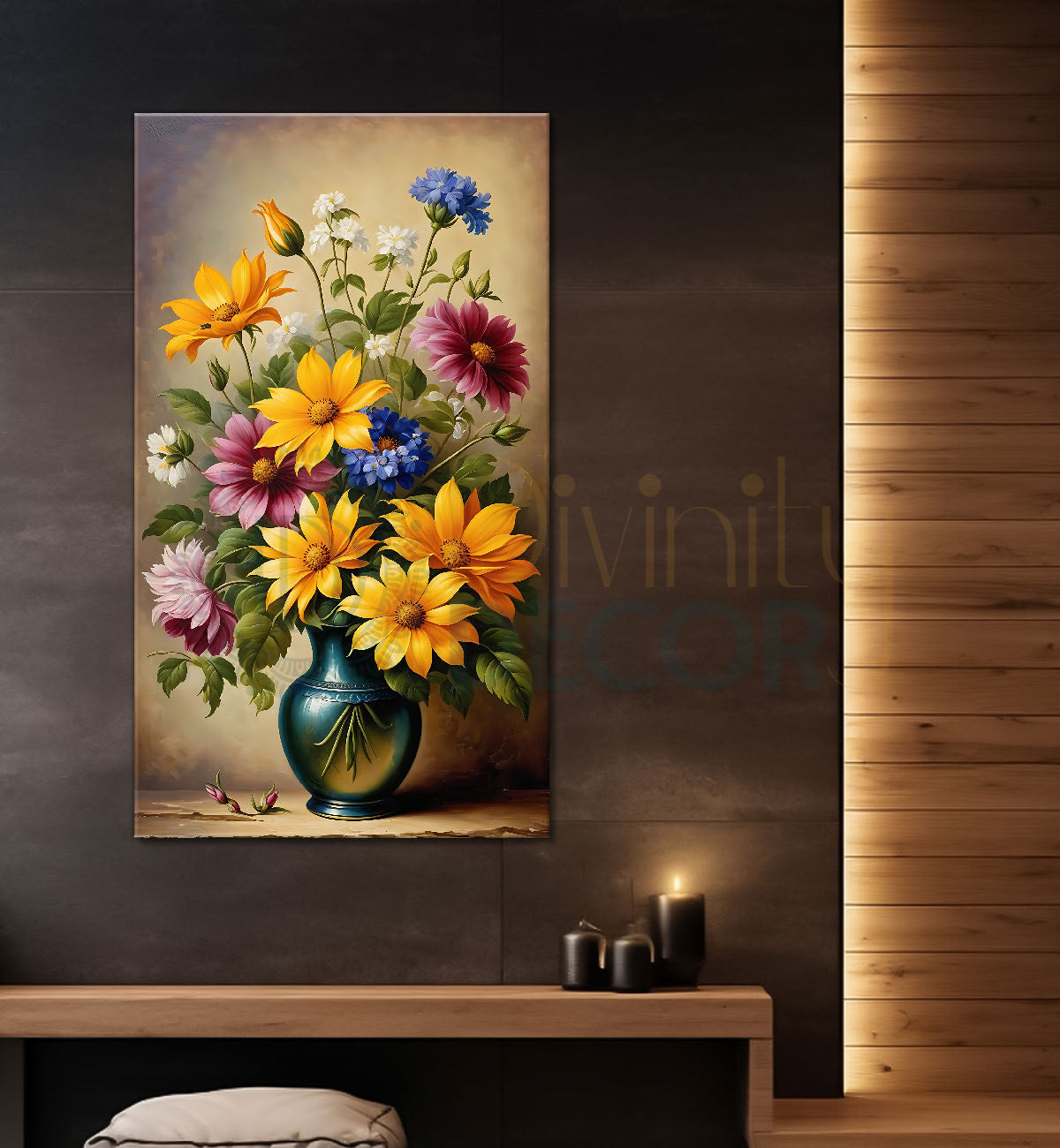 Yellow flowers in light brown textured painting - Flower-V-487