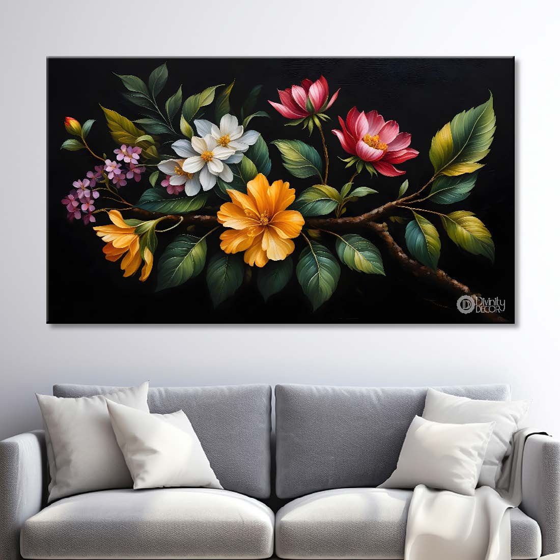 Colorful flowers in black background canvas painting- Flower-488