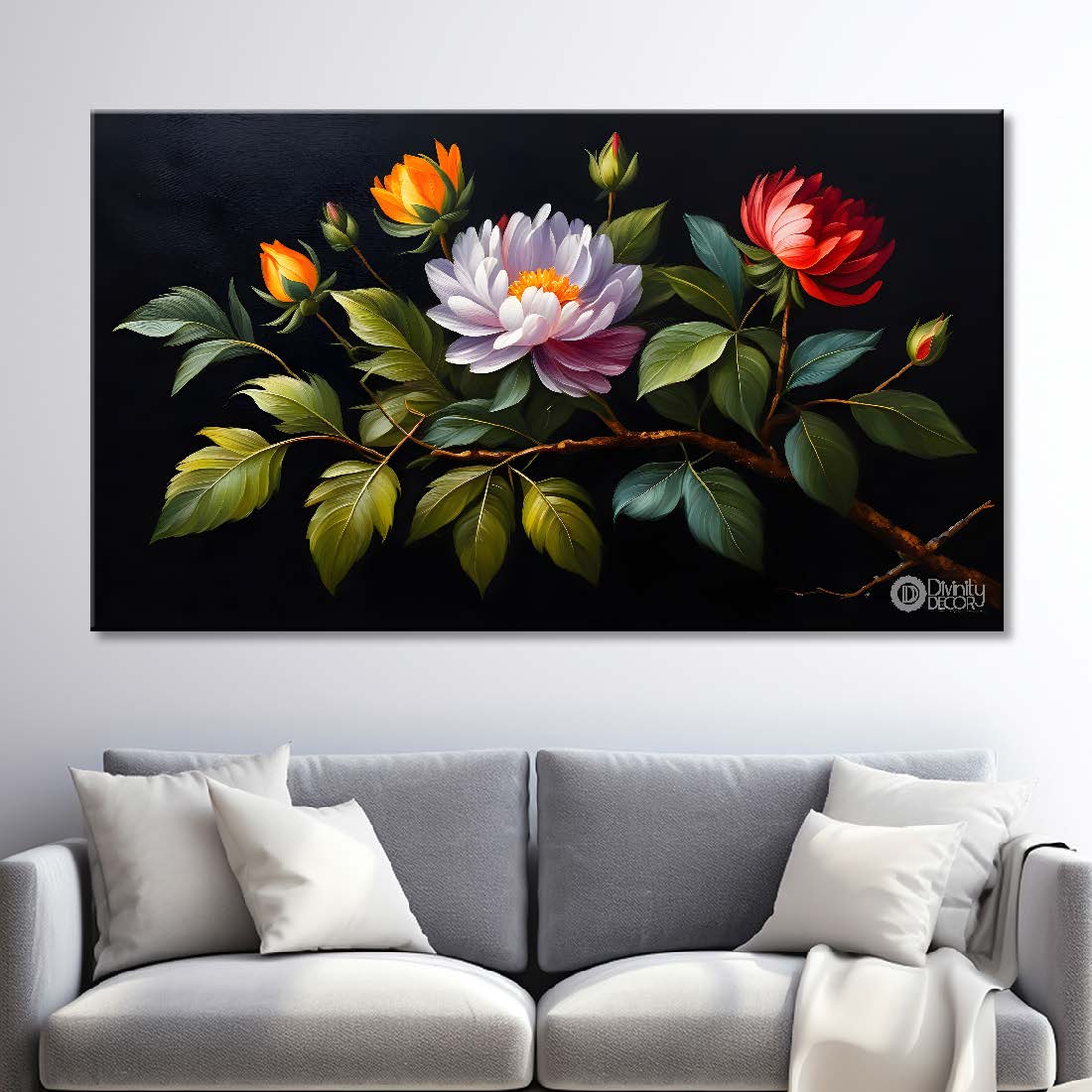 Colorful flowers in black background canvas painting- Flower-489