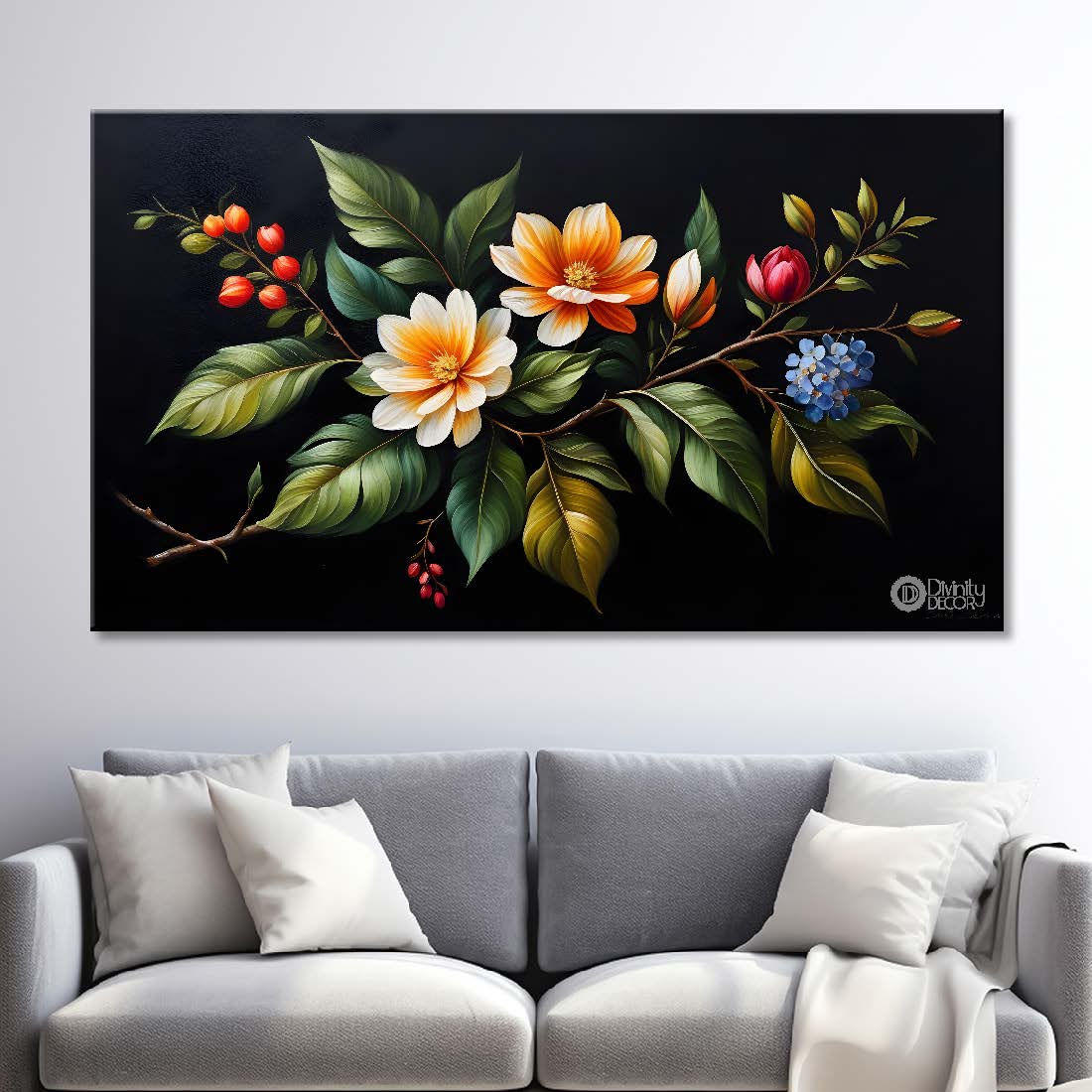 Colorful flowers in black background canvas painting- Flower-490