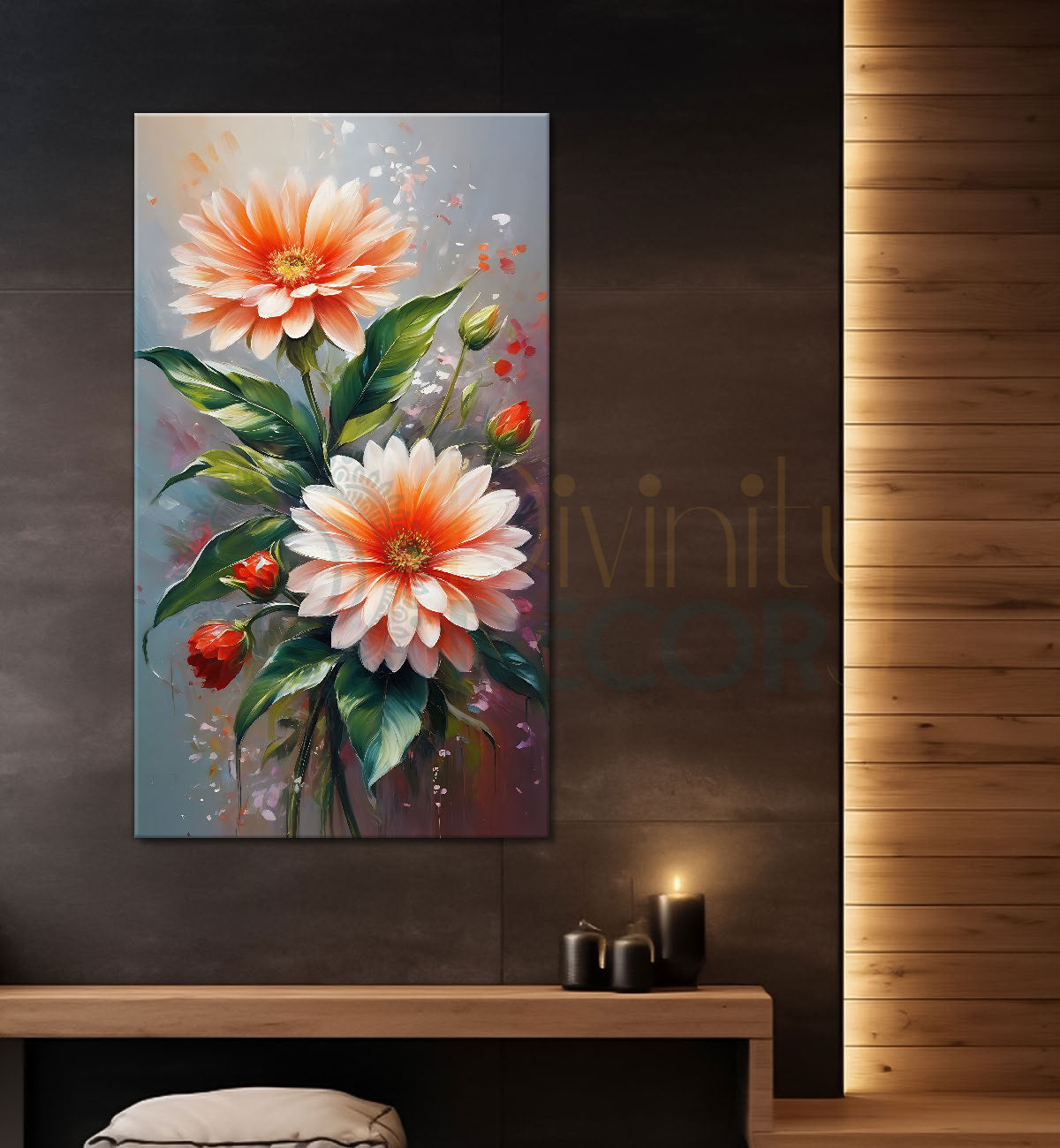 Pink flowers in grey textured painting- Flower-V-490