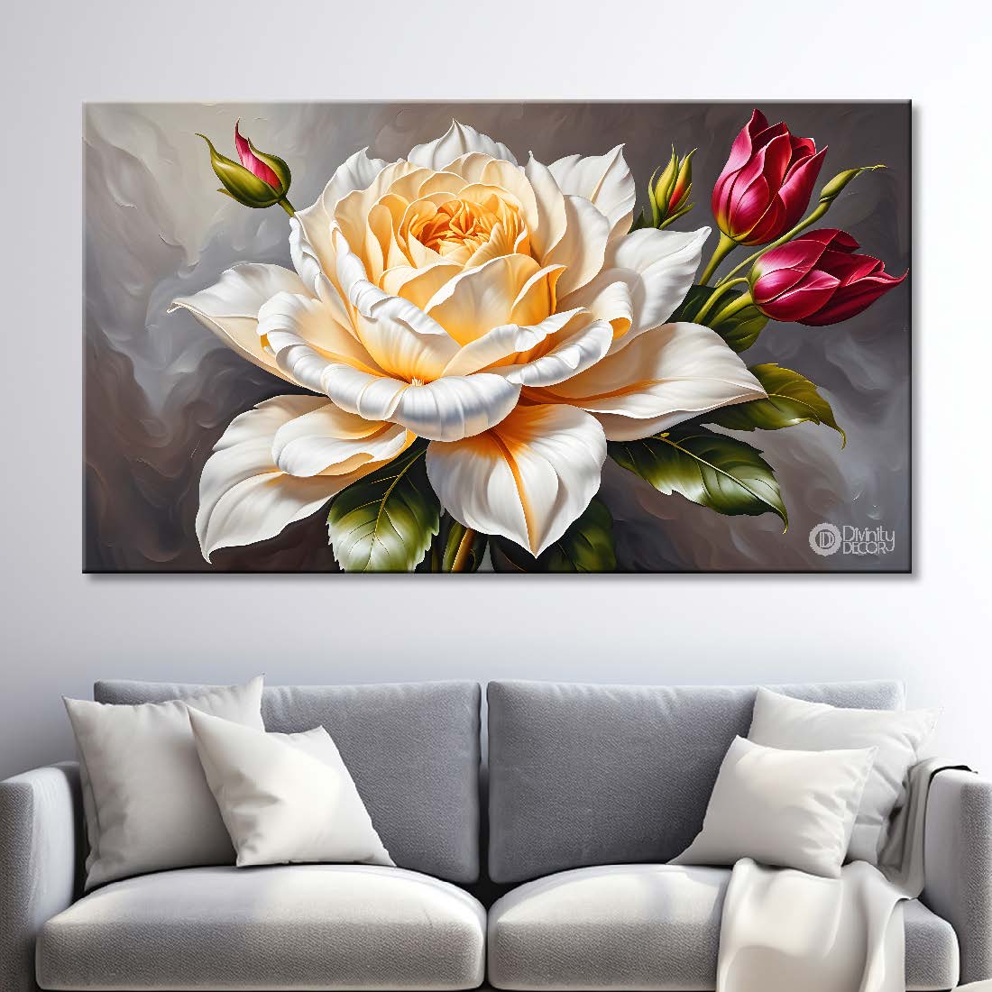 White flower in grey background canvas painting- Flower-491