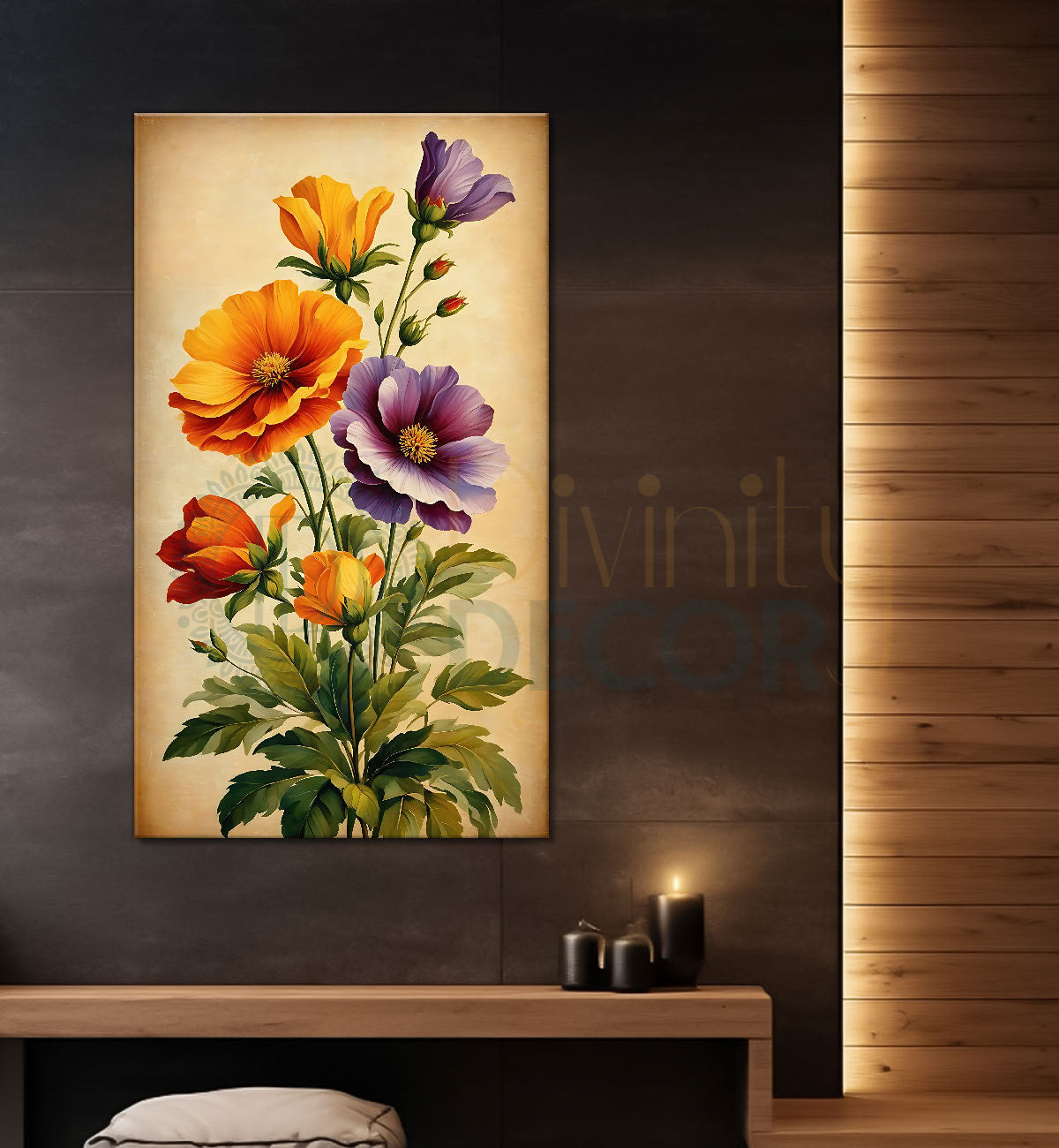 Colourful flowers  in light brown textured art- Flower-V-491