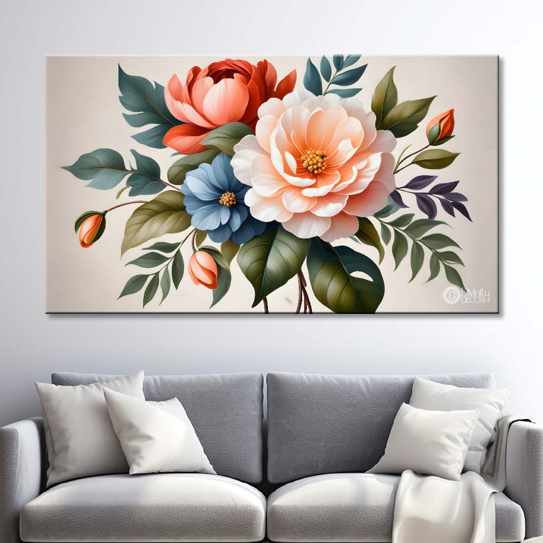 Orange and white flowers in light background canvas painting- Flower-492