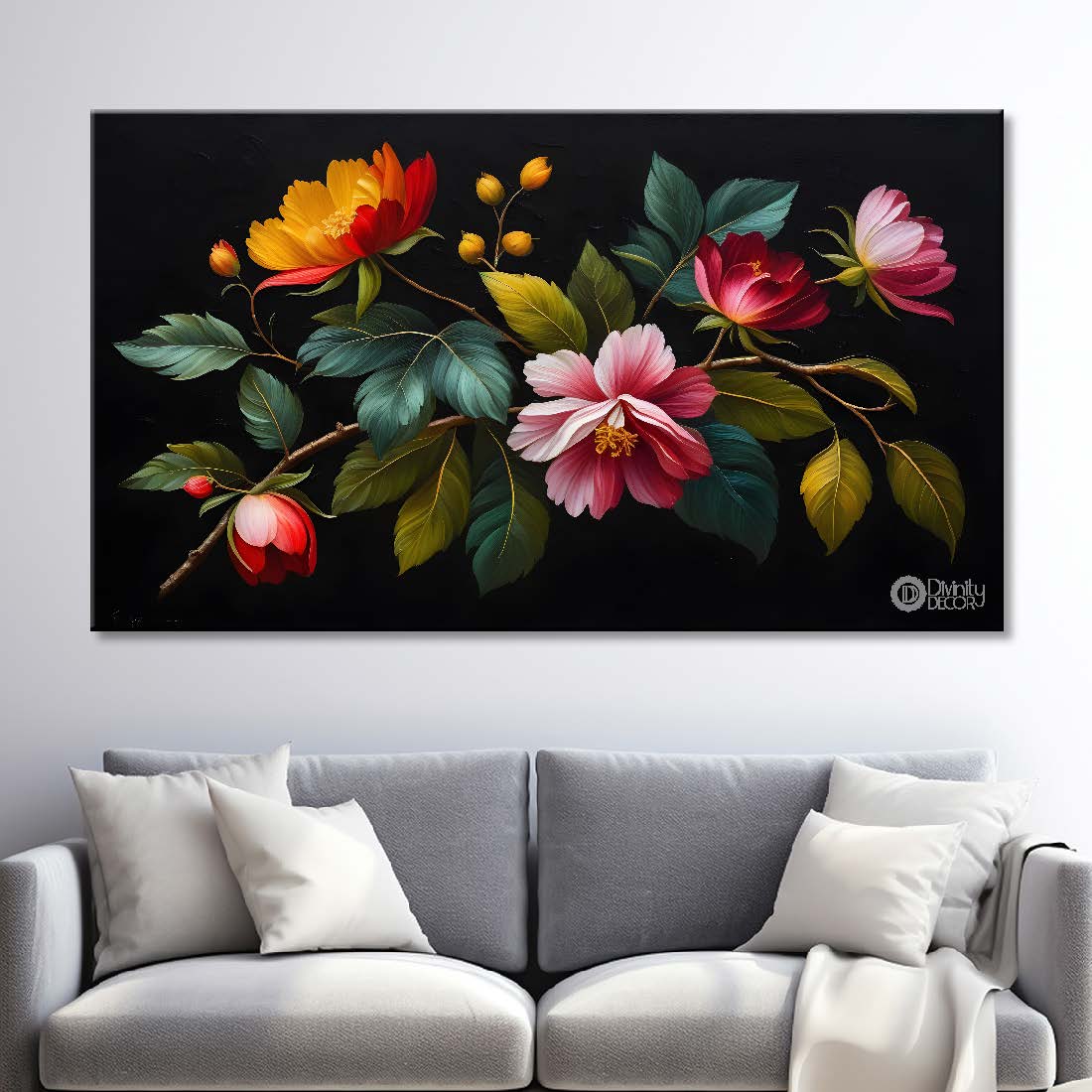 Colorful flowers in black background canvas painting- Flower-493