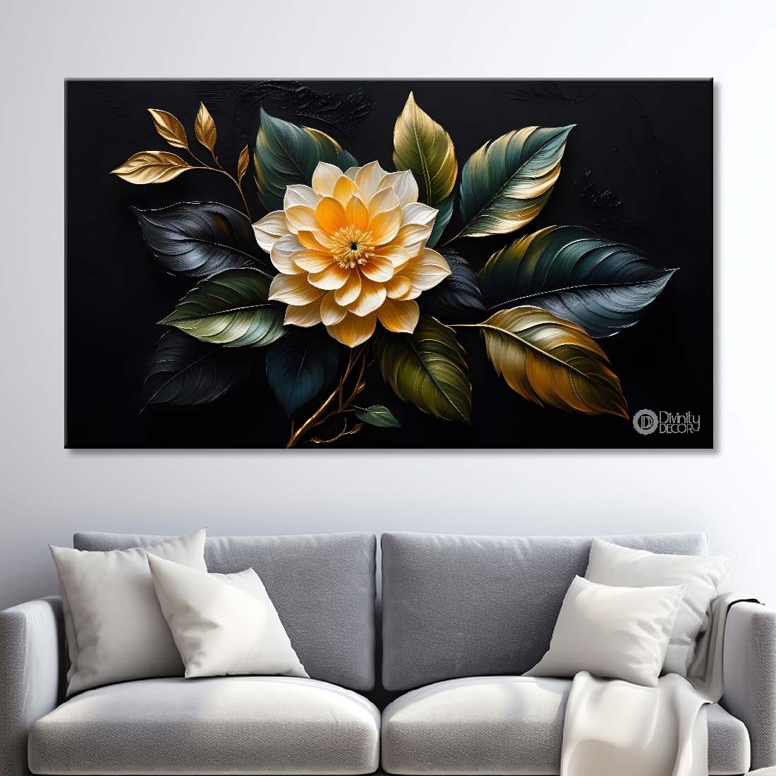 White flowers in black background canvas painting- Flower-494