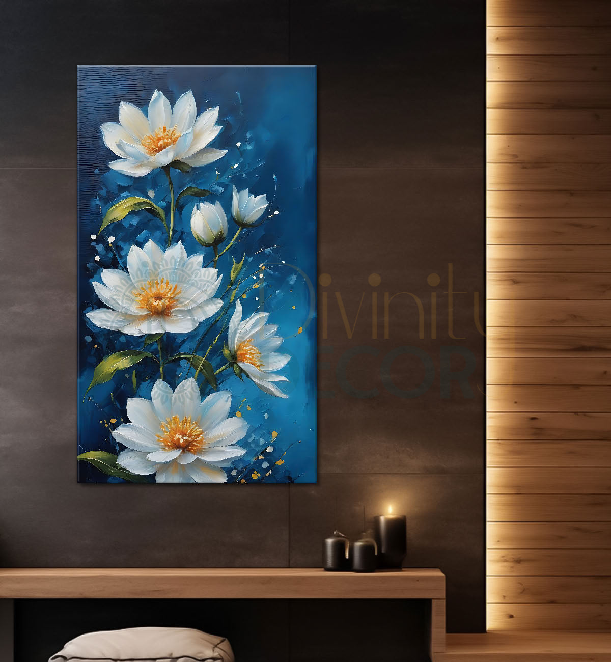 White flowers in navy blue background painting - Flower-V-494