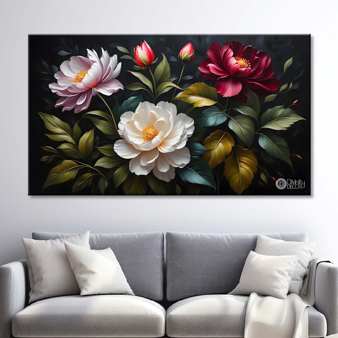 Colorful flowers in black background canvas painting- Flower-495