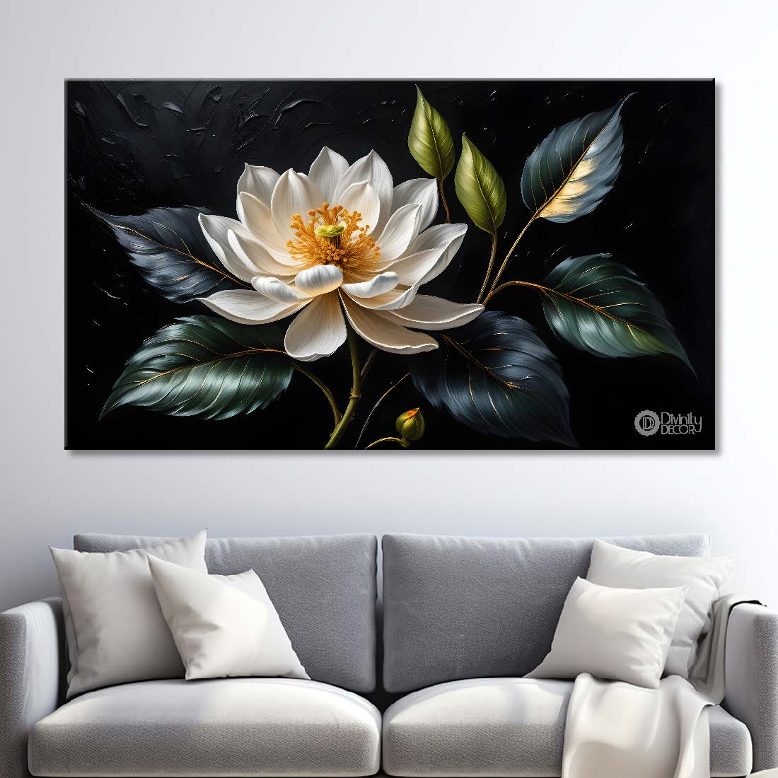White flowers in black background canvas painting- Flower-496