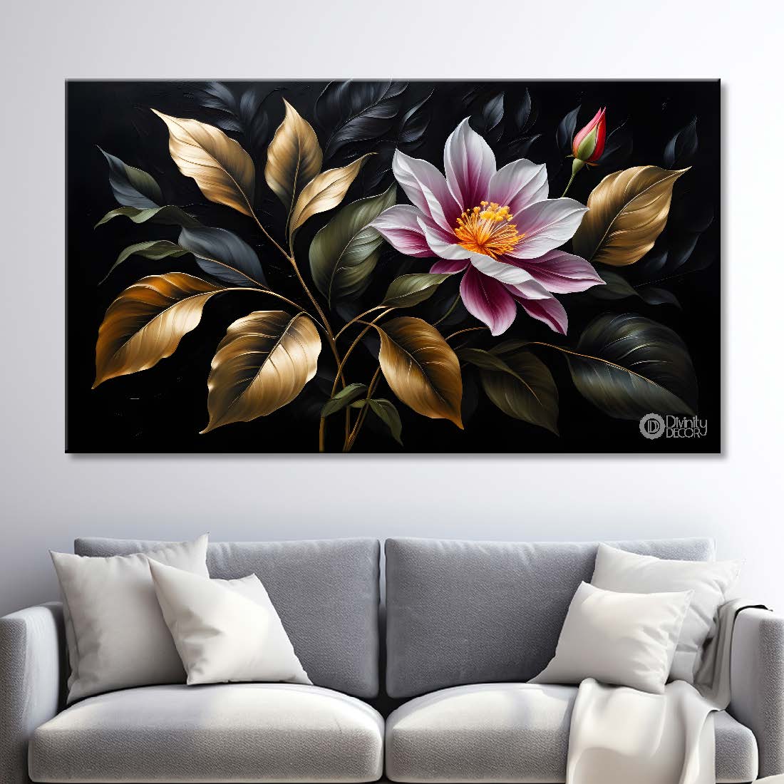 Purple flowers in black background canvas painting- Flower-497