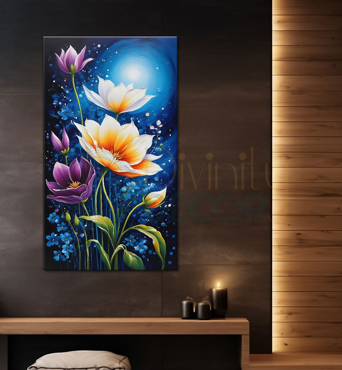 White flowers in navy blue background painting - Flower-V-497