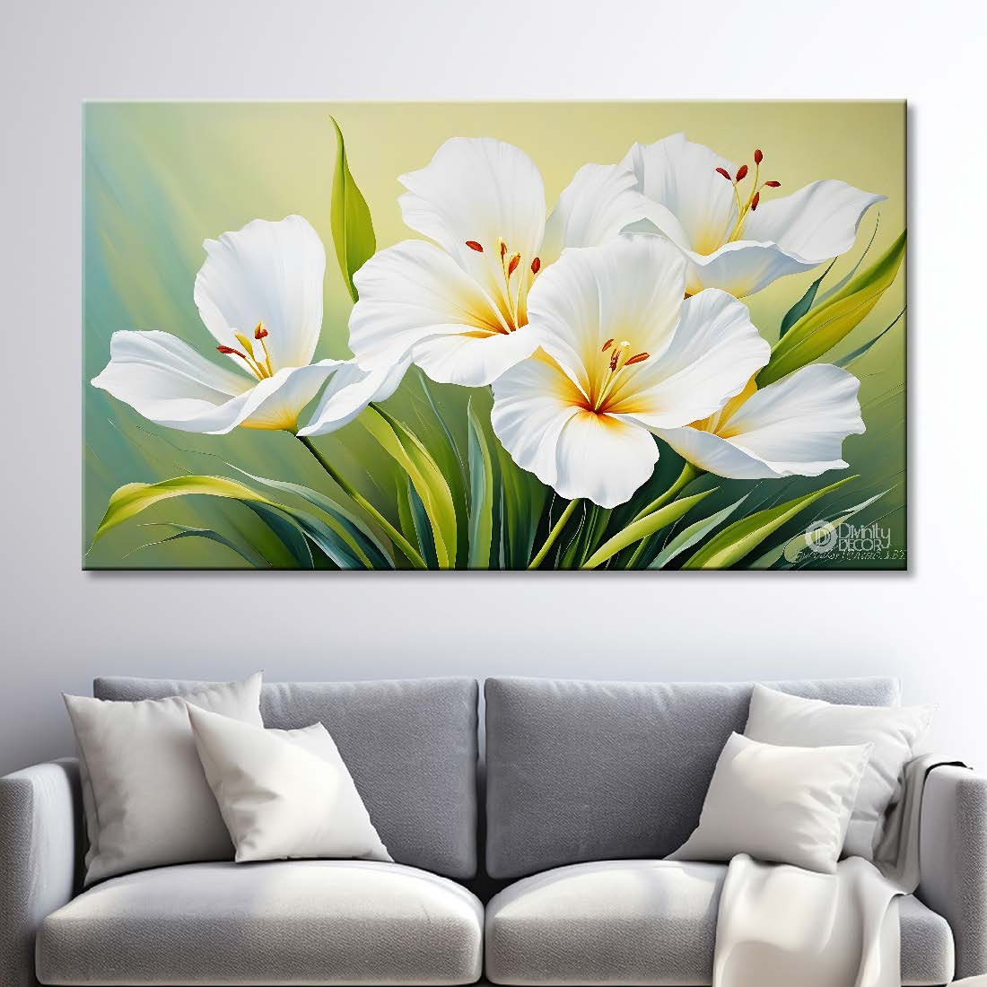 White flowers in green background canvas painting- Flower-498