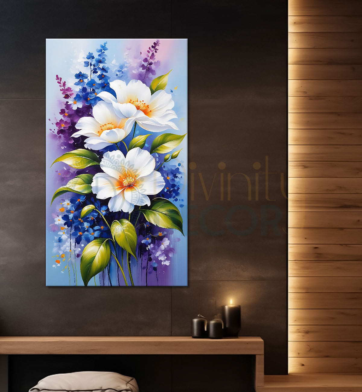 White flowers in sky blue textured painting - Flower-V-498