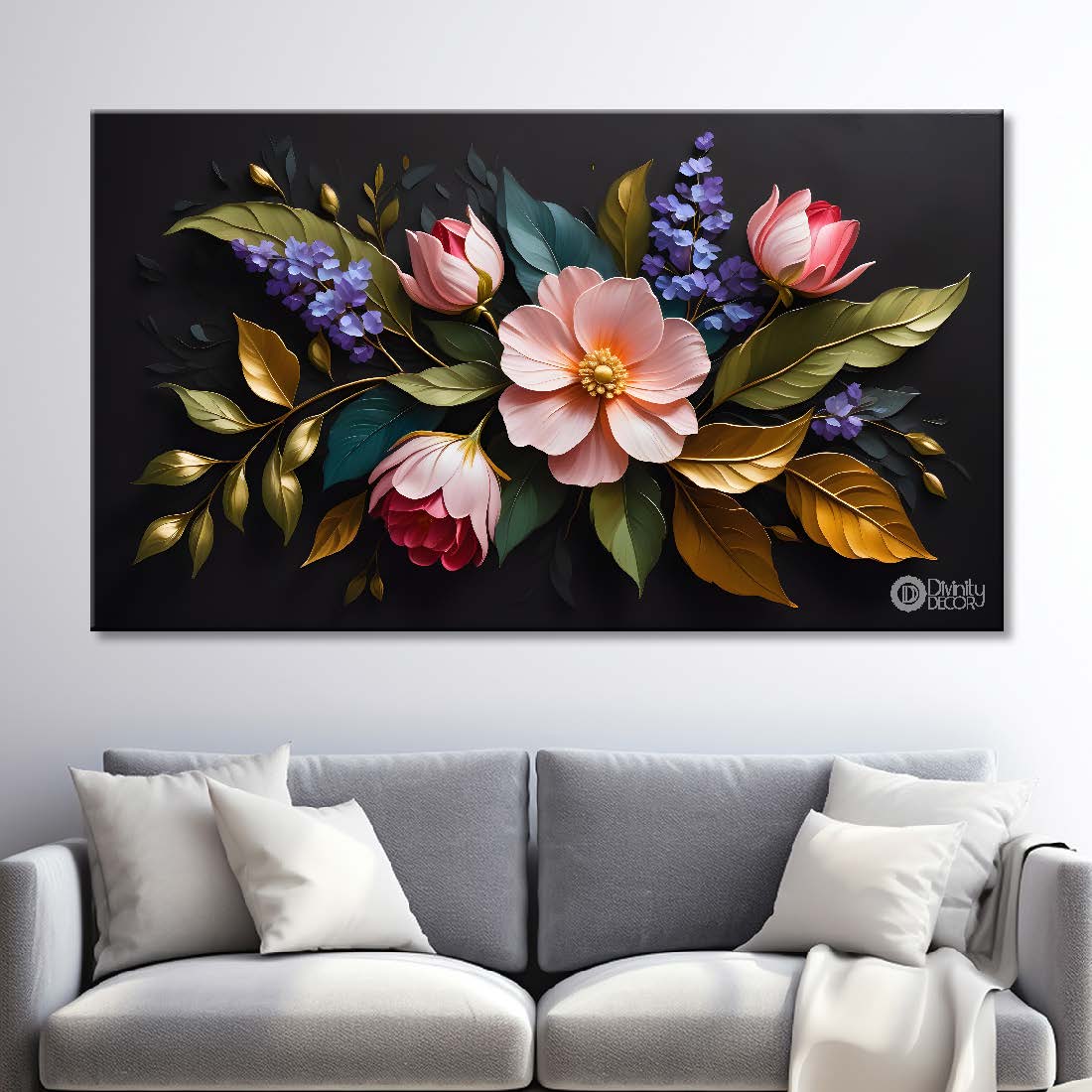 Pink flowers in black background canvas painting- Flower-499