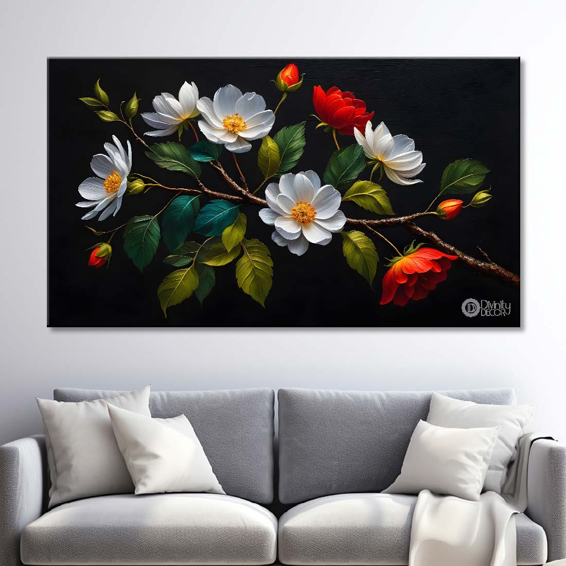 Colorful flowers in black background canvas painting- Flower-500