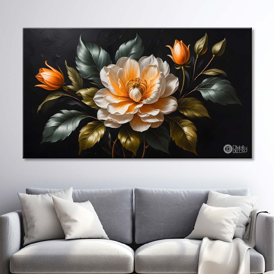 White flowers in black background canvas painting- Flower-501