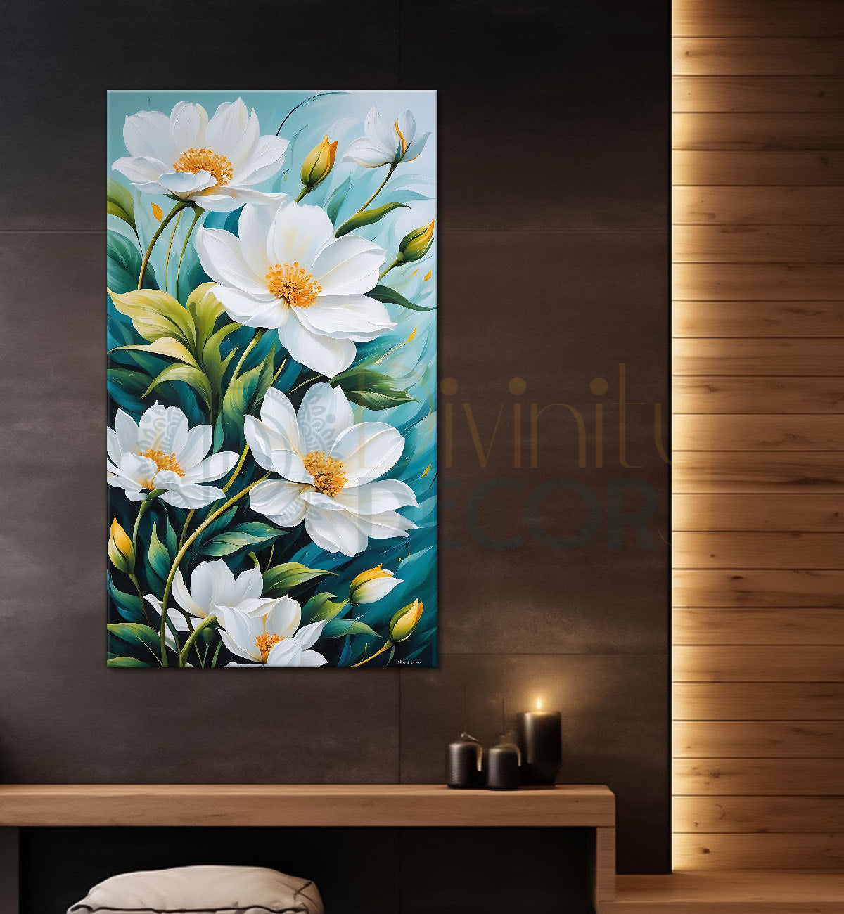 White flowers in sky blue textured painting - Flower-V-501